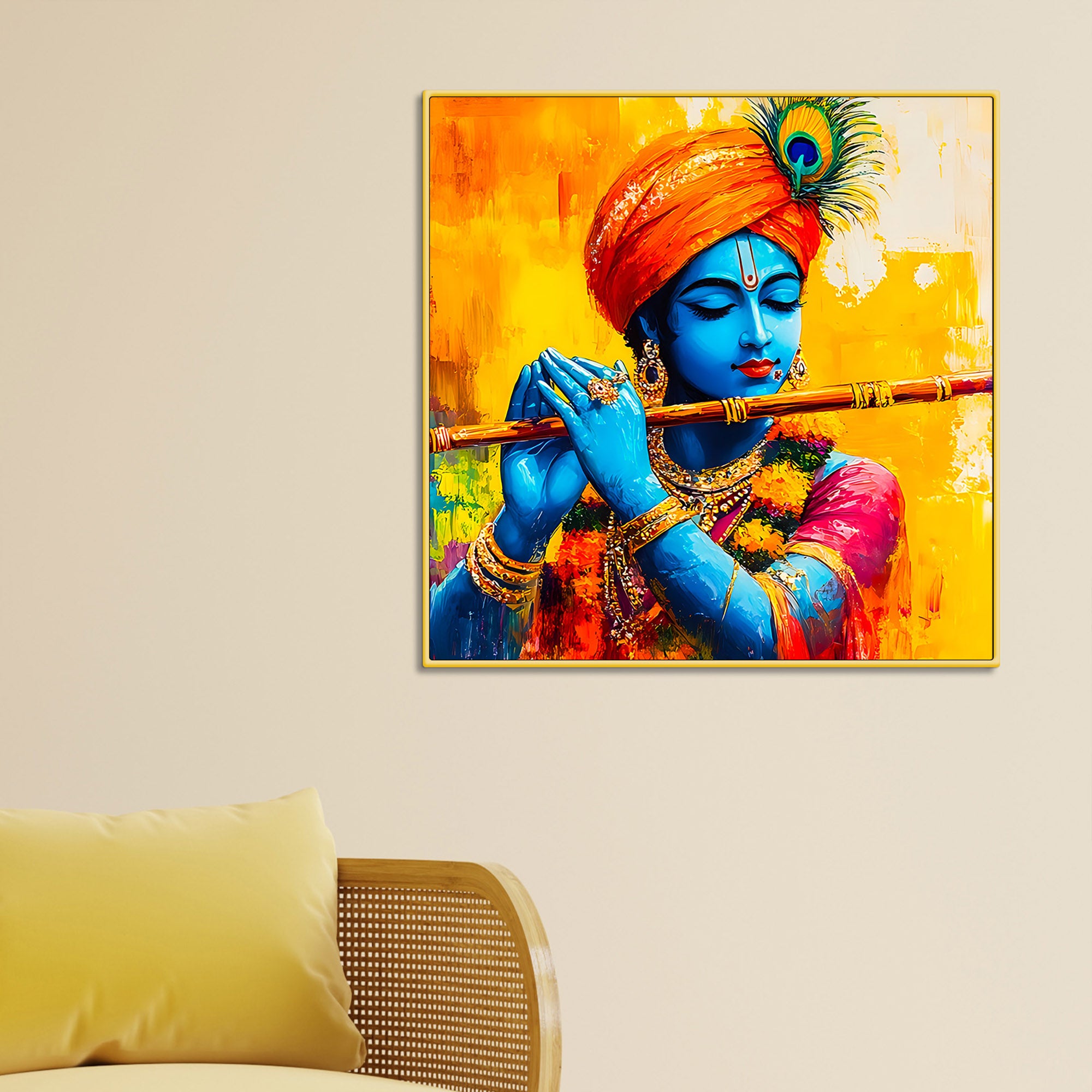 Colorful Lord Krishna Canvas Wall Painting for Living Room Interior – Modern Devotional Canvas Wall Art