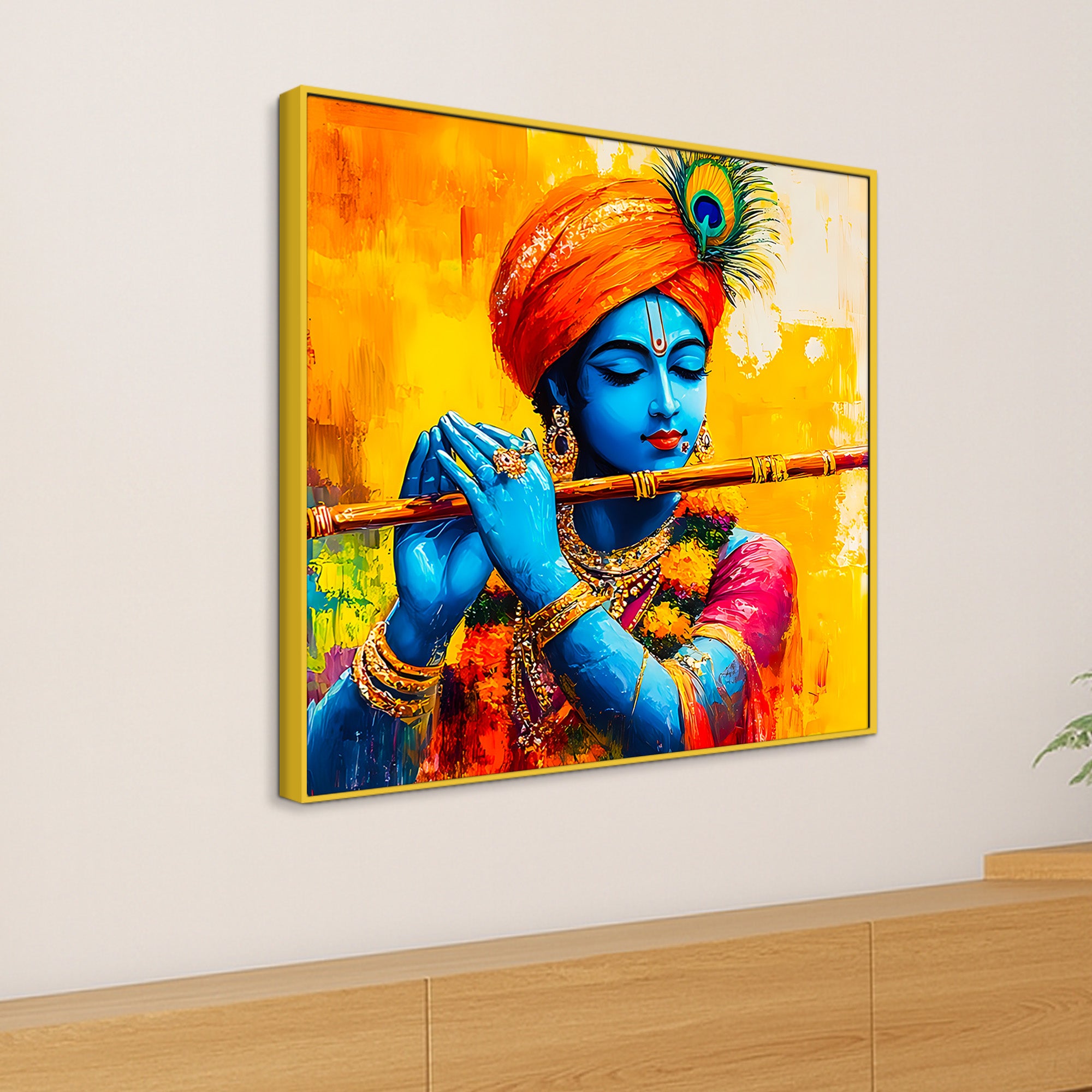 Colorful Lord Krishna Canvas Wall Painting for Living Room Interior – Modern Devotional Canvas Wall Art
