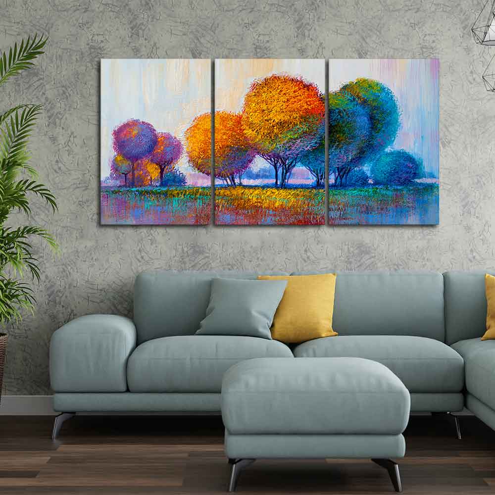 Colorful Round Trees Canvas Wall Painting of 3 Pieces