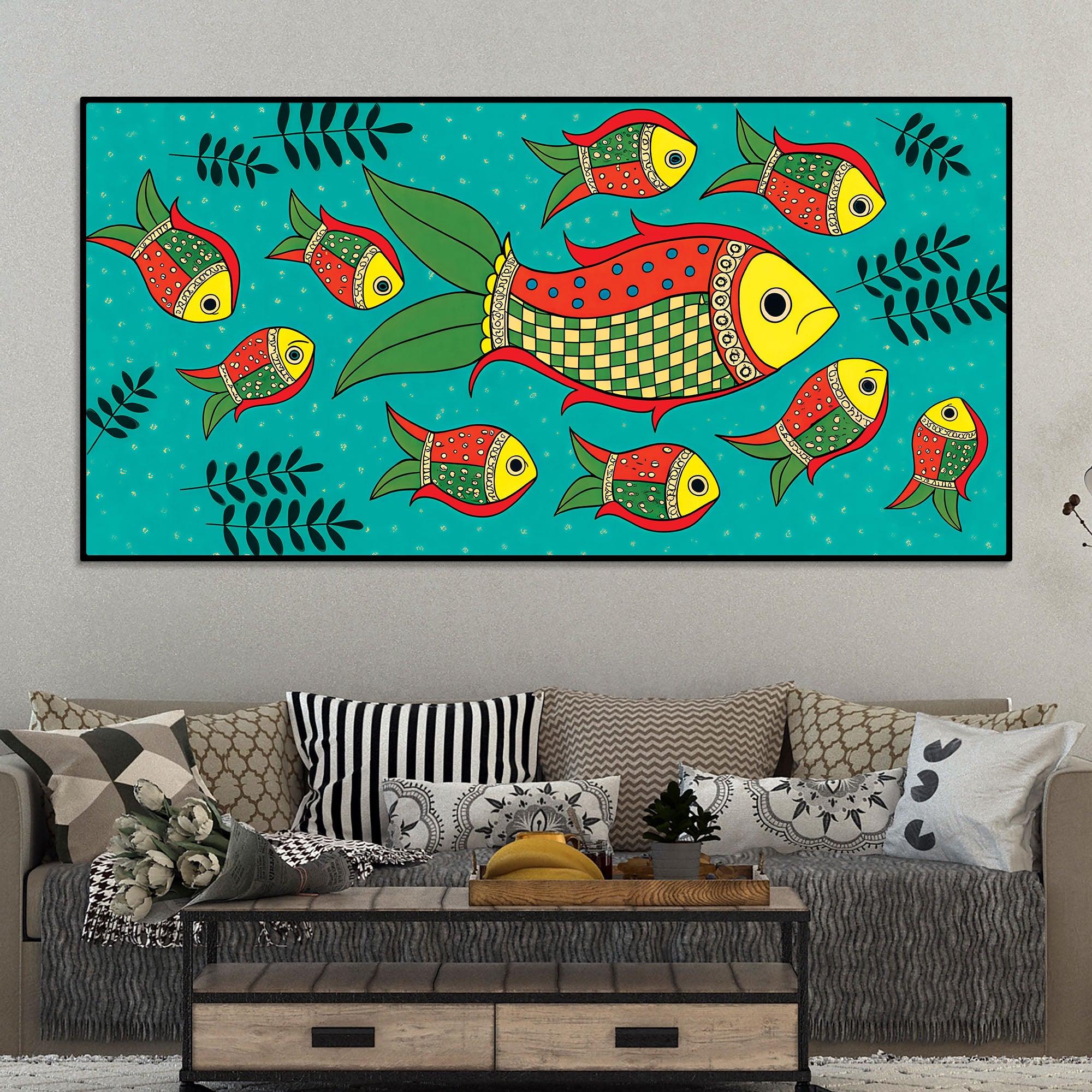 Colorful Tribal Fish Folk Art Canvas Wall Painting
