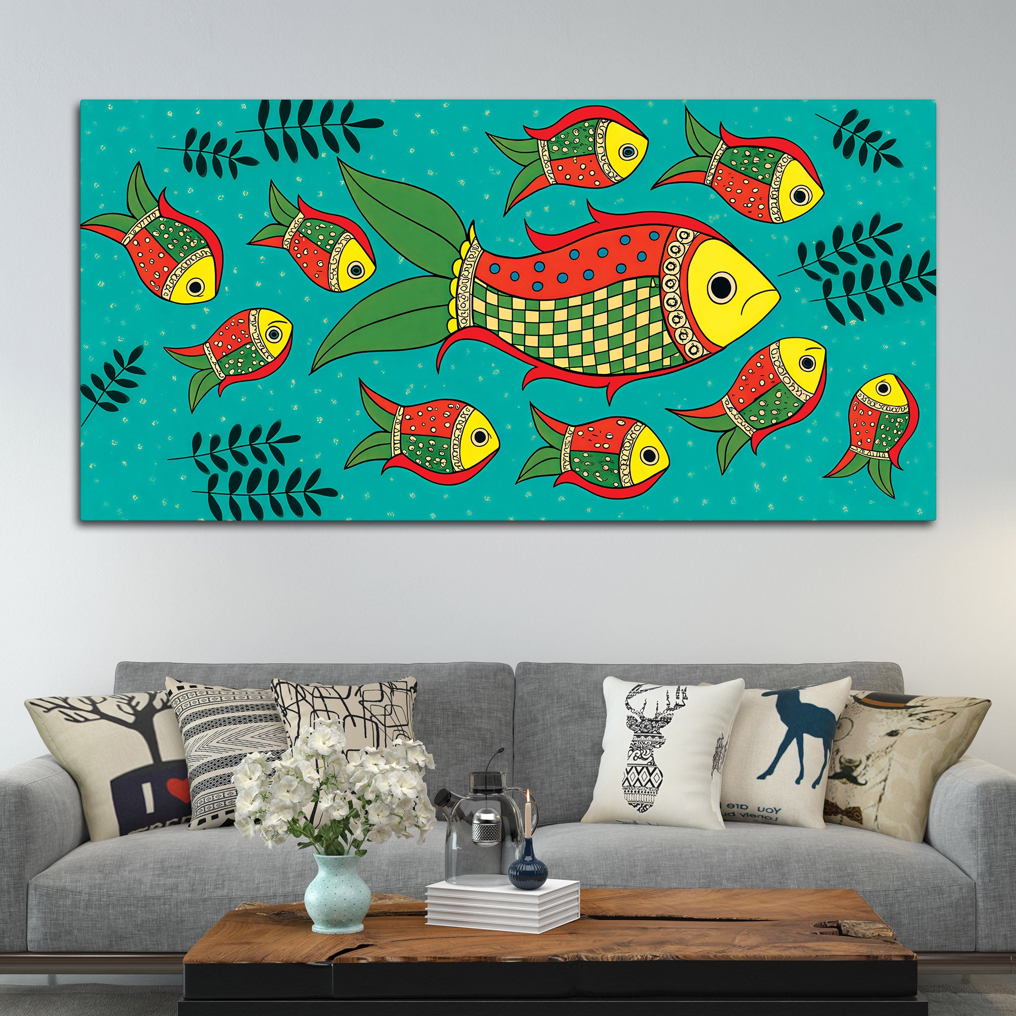 Colorful Tribal Fish Folk Art Canvas Wall Painting