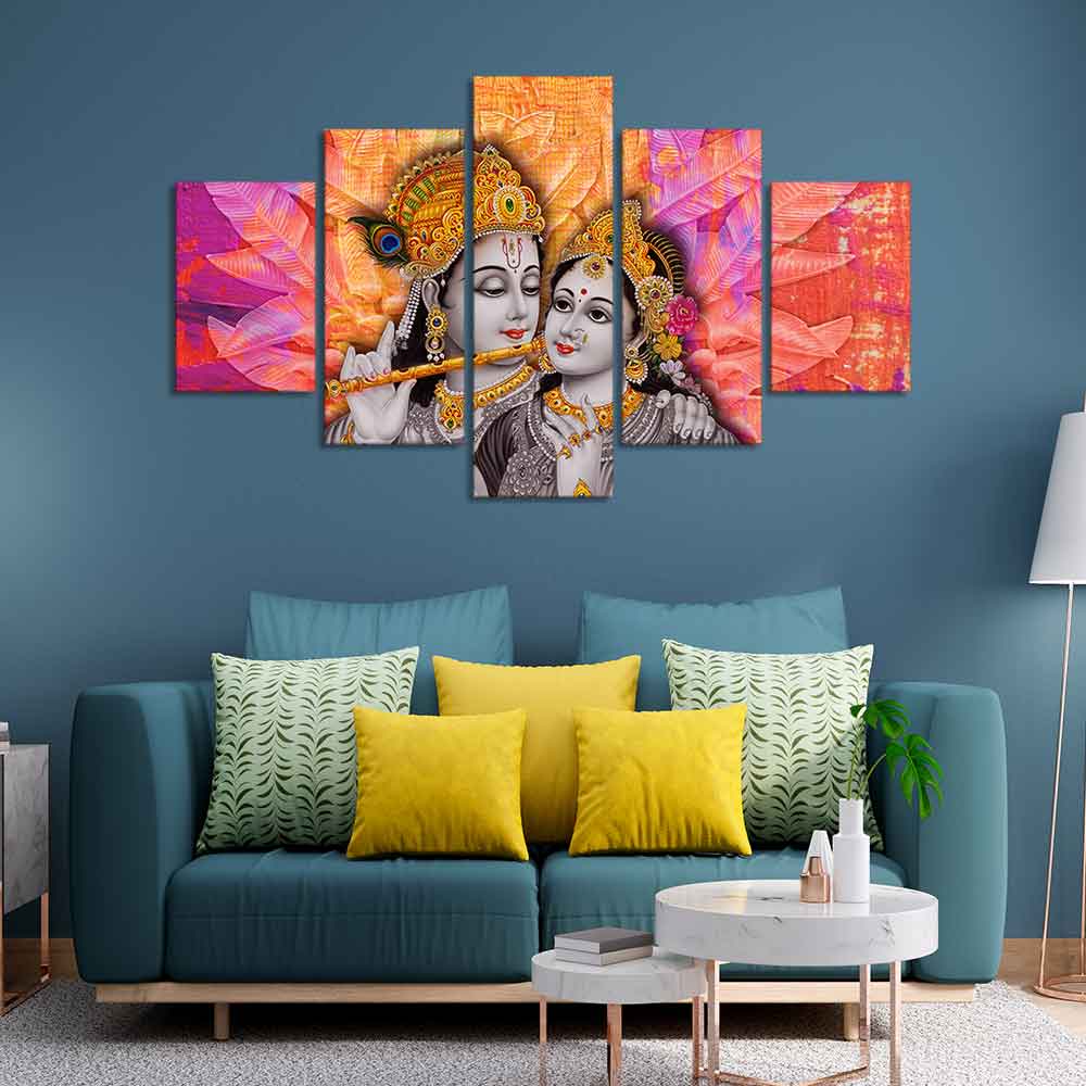 Colorful Wall Painting of Lord Radha Krishna of Five Pieces