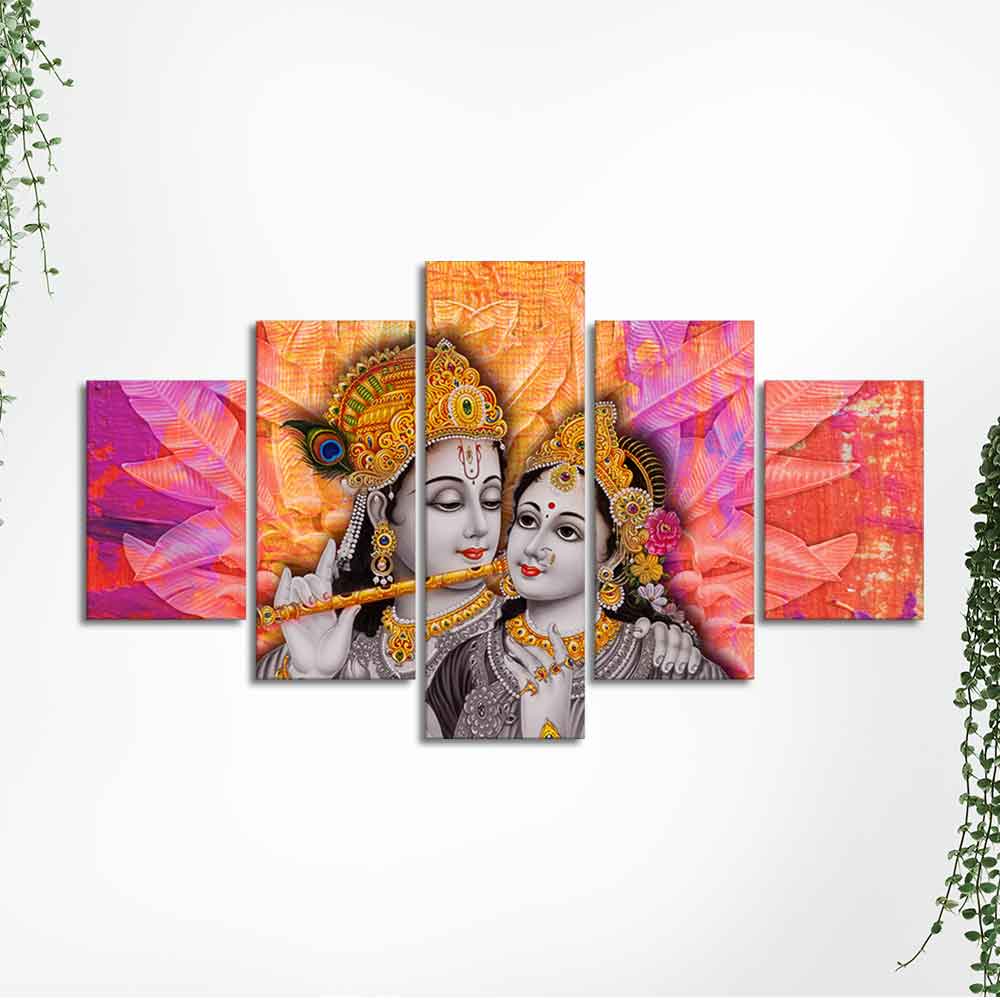 Colorful Wall Painting of Lord Radha Krishna of Five Pieces