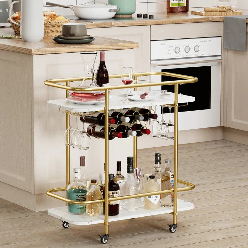 Contemporary Bar Cart Trolley with Golden Frame & Dual Shelves