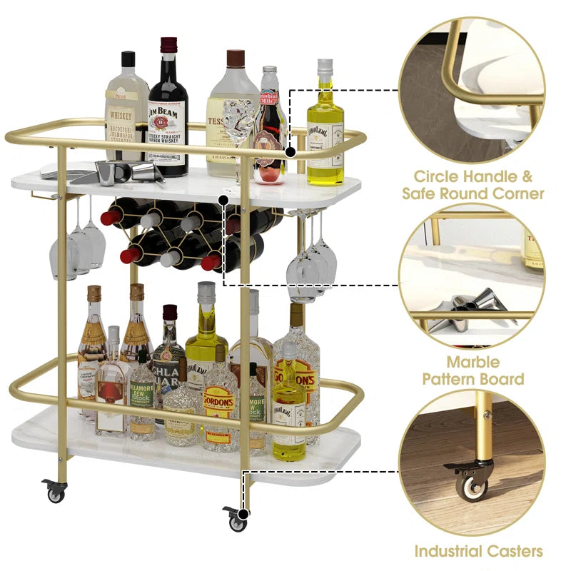 Contemporary Bar Cart Trolley with Golden Frame & Dual Shelves
