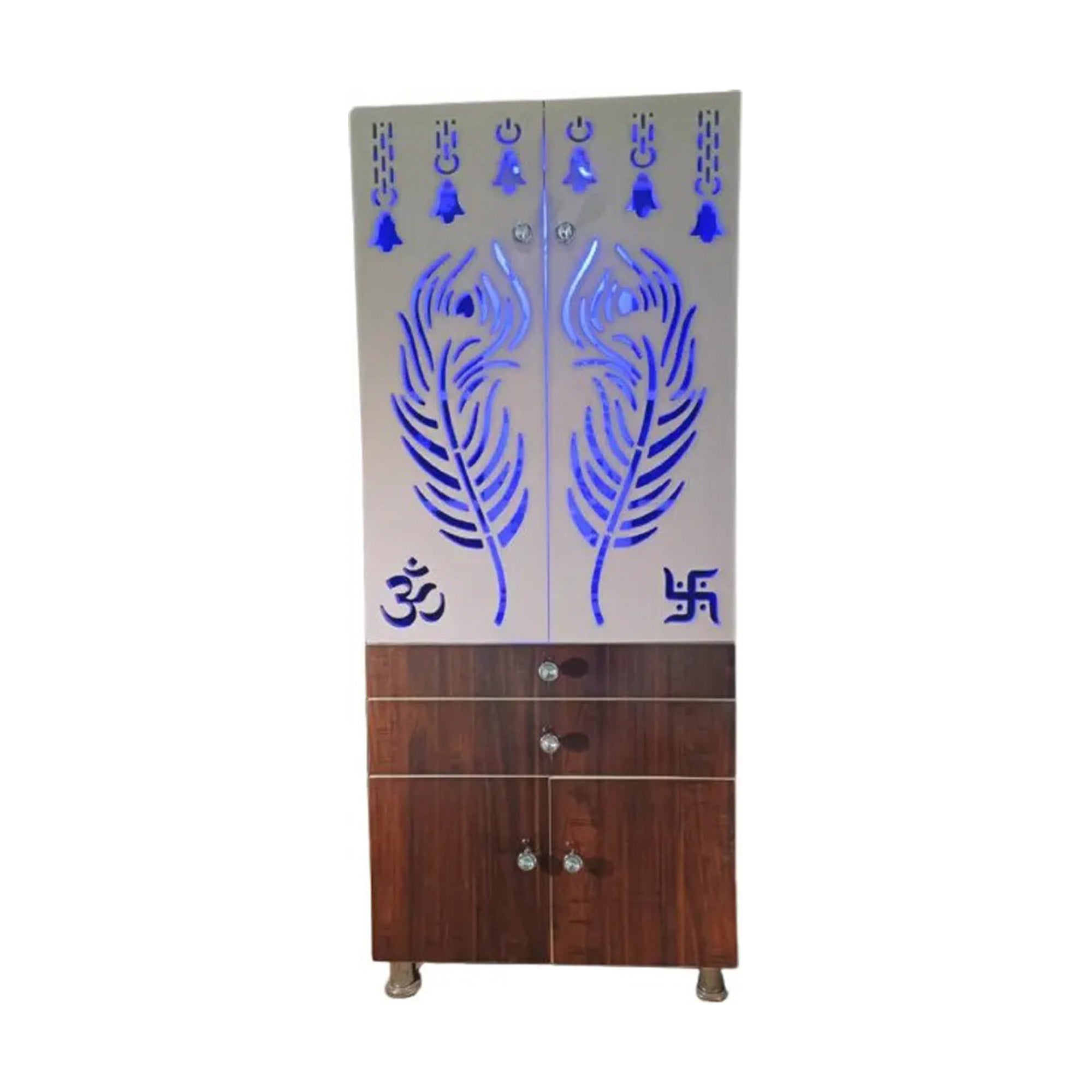 Contemporary Brown Wooden Temple for Home & Office with LED Swastik OM Panel Drawer & Cabinet Storage