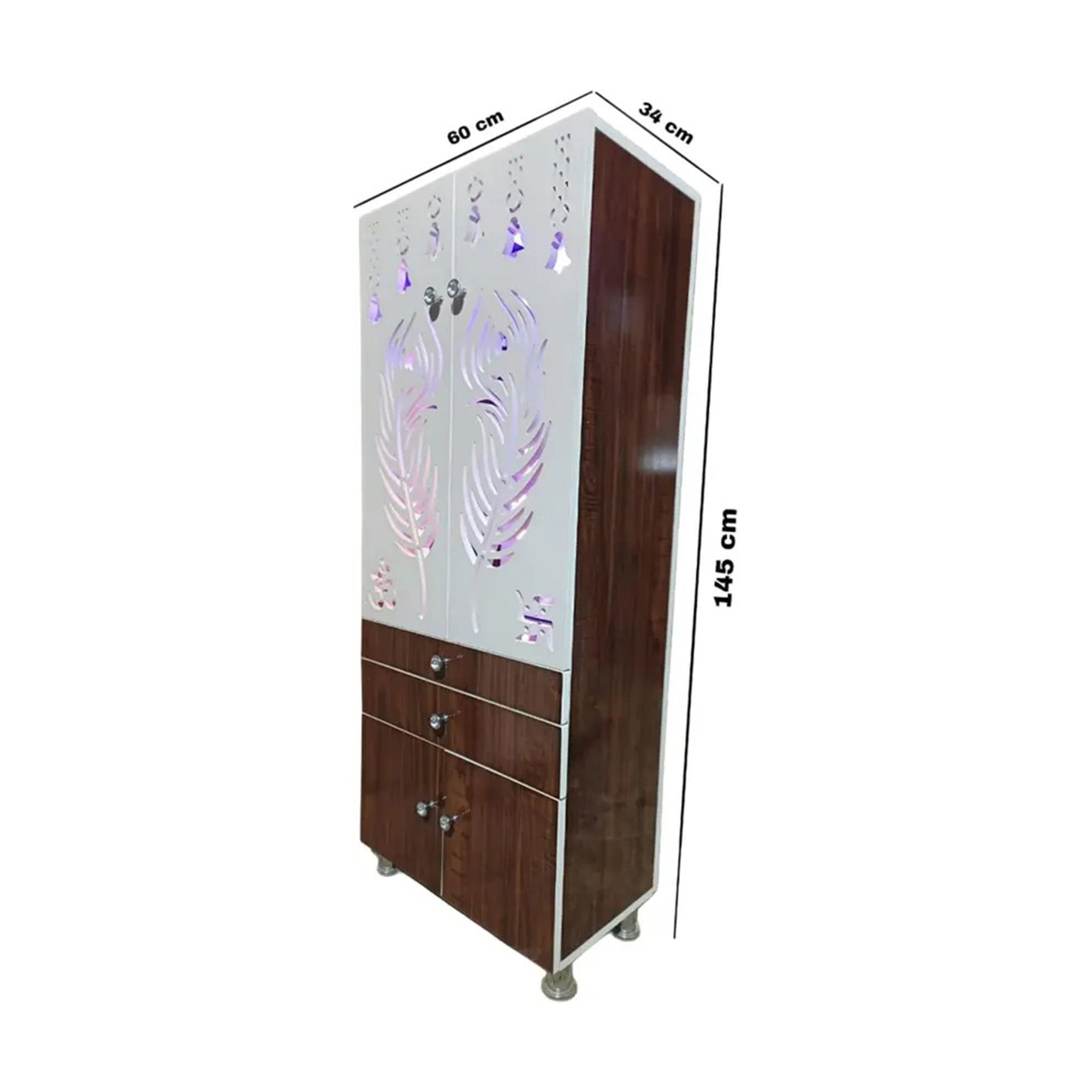 Contemporary Brown Wooden Temple for Home & Office with LED Swastik OM Panel Drawer & Cabinet Storage