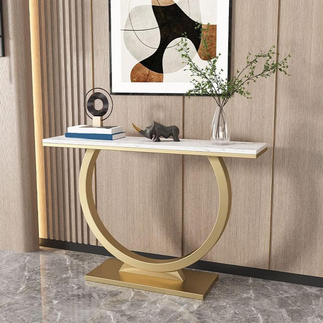 Contemporary Marble Console Table with Artistic Gold Circle Support
