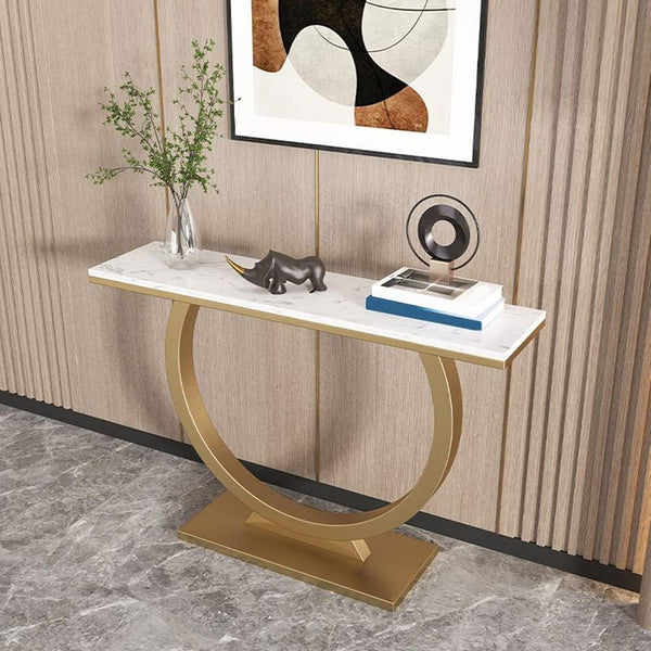 Contemporary Marble Console Table with Artistic Gold Circle Support
