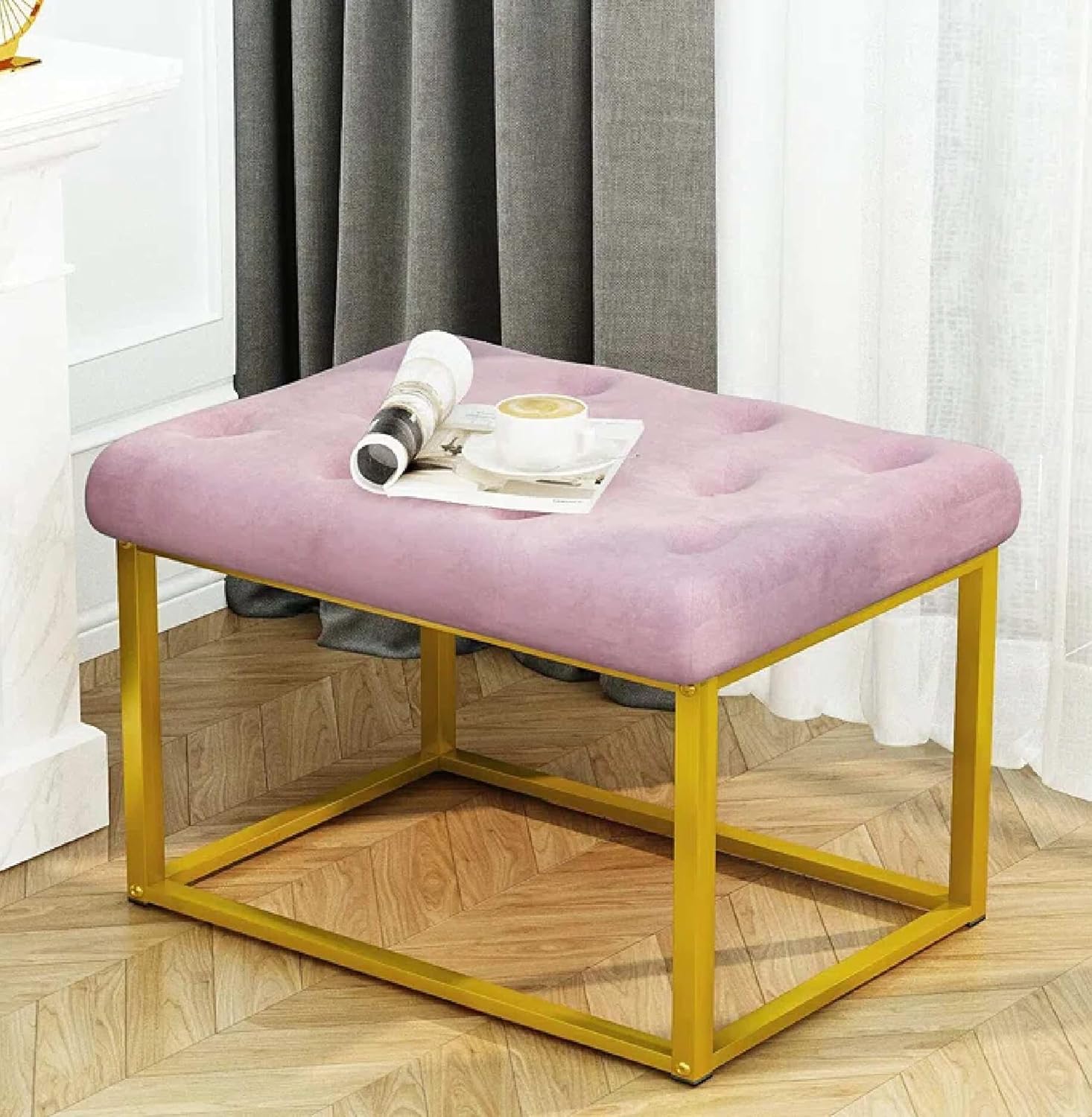 Contemporary Pink Velvet Ottoman Seat with Metal Frame Design