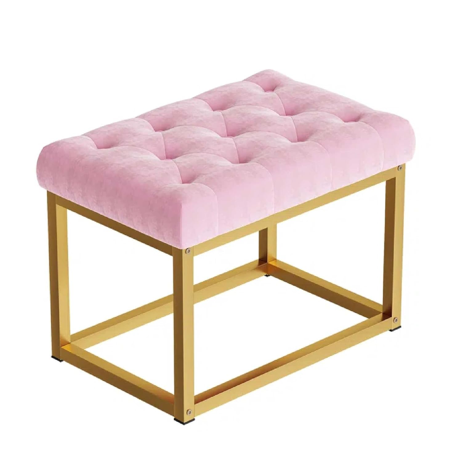 Contemporary Pink Velvet Ottoman Seat with Metal Frame Design