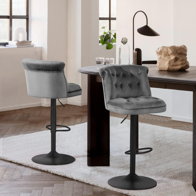 Contemporary Rich Grey Velvet Bar Stools with Matte Black Base