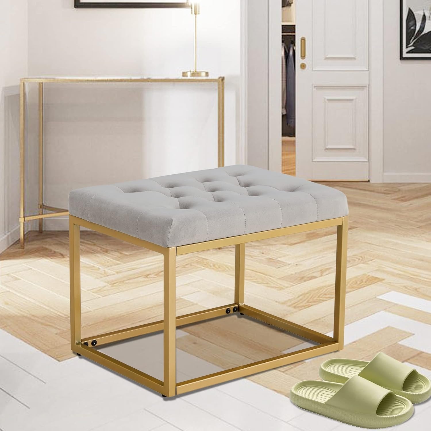 Contemporary Rich Grey Velvet Ottoman Seat with Metal Frame Design