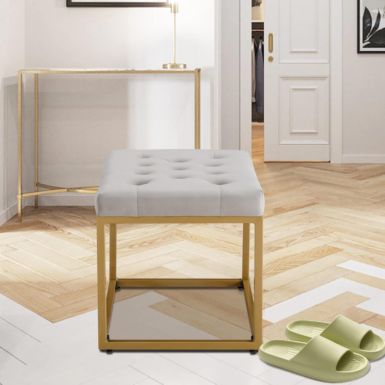 Contemporary Rich Grey Velvet Ottoman Seat with Metal Frame Design