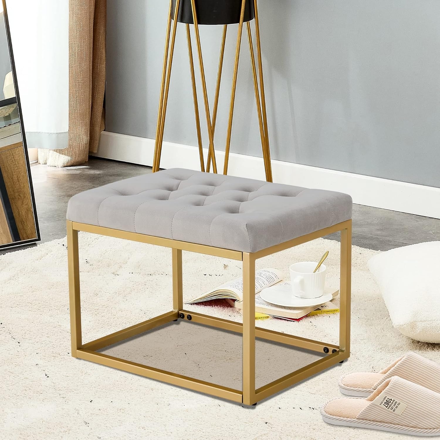 Contemporary Rich Grey Velvet Ottoman Seat with Metal Frame Design