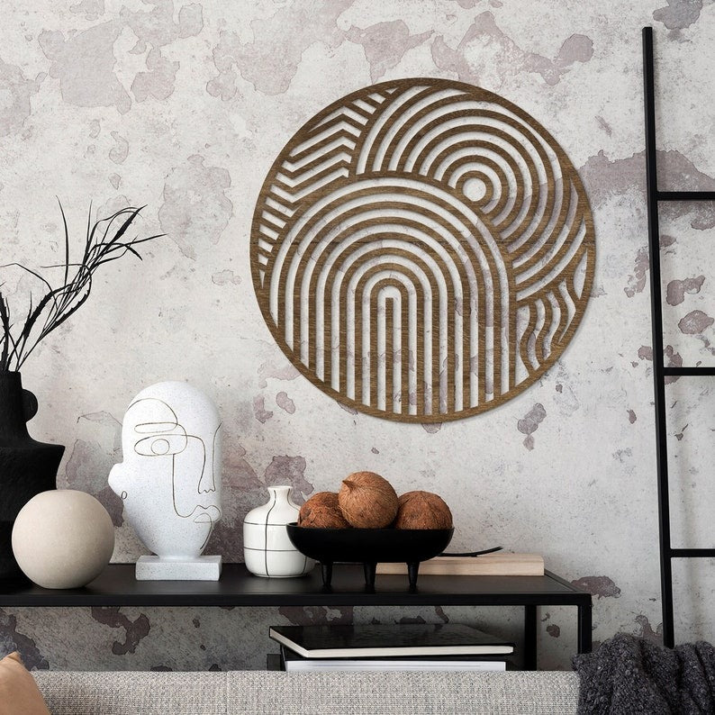 Contemporary Round Wood Wall Accent with Cut-Out Shapes
