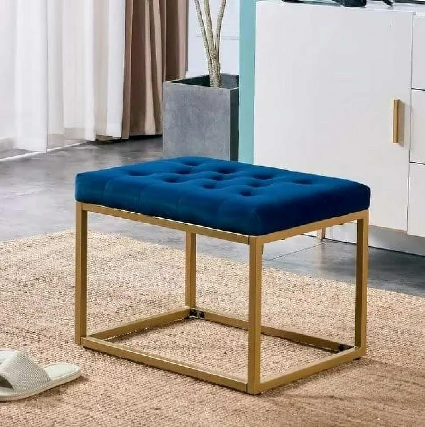 Contemporary Royal Blue Velvet Ottoman Seat with Metal Frame Design