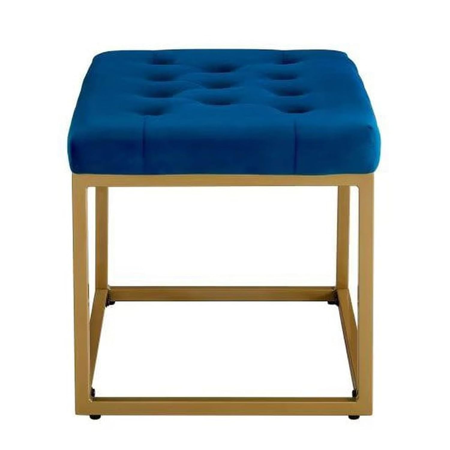 Contemporary Royal Blue Velvet Ottoman Seat with Metal Frame Design