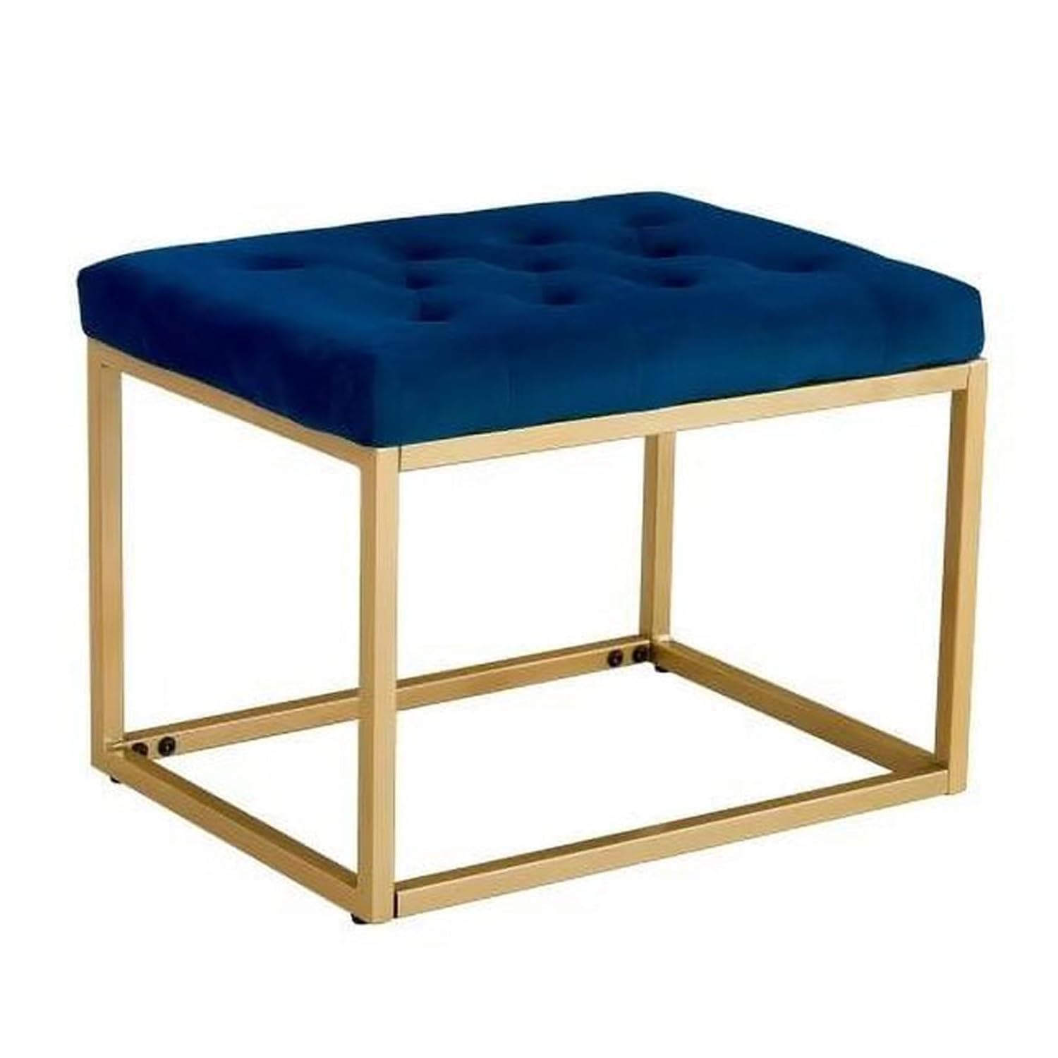 Contemporary Royal Blue Velvet Ottoman Seat with Metal Frame Design