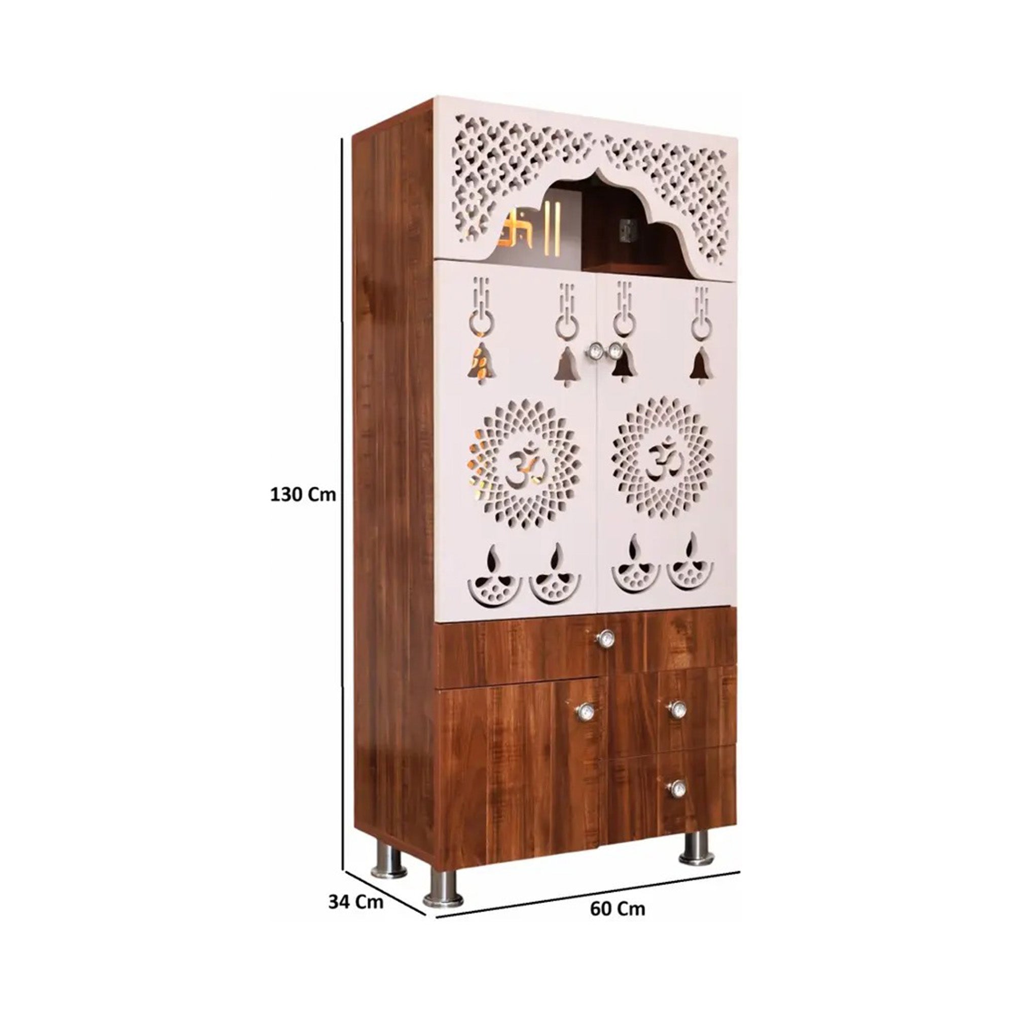 Contemporary White Arch Design Brown Finish Wooden Pooja Temple for Home & Office with LED Swastik OM Panel Drawer & Cabinet Storage