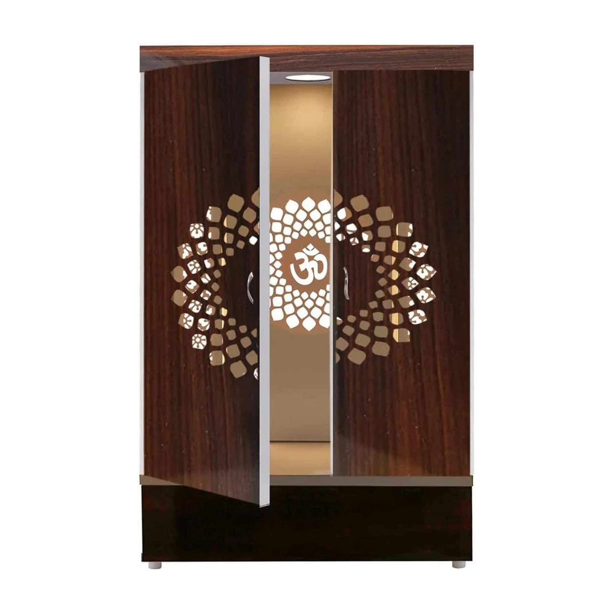 Contemporary Wooden Temple with Illuminated Om and Side Panels