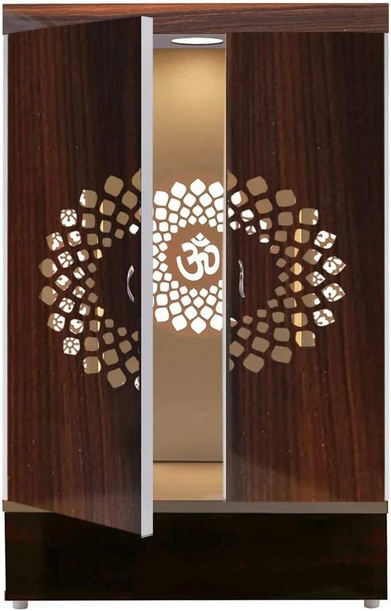 Contemporary Wooden Temple with Illuminated Om and Side Panels