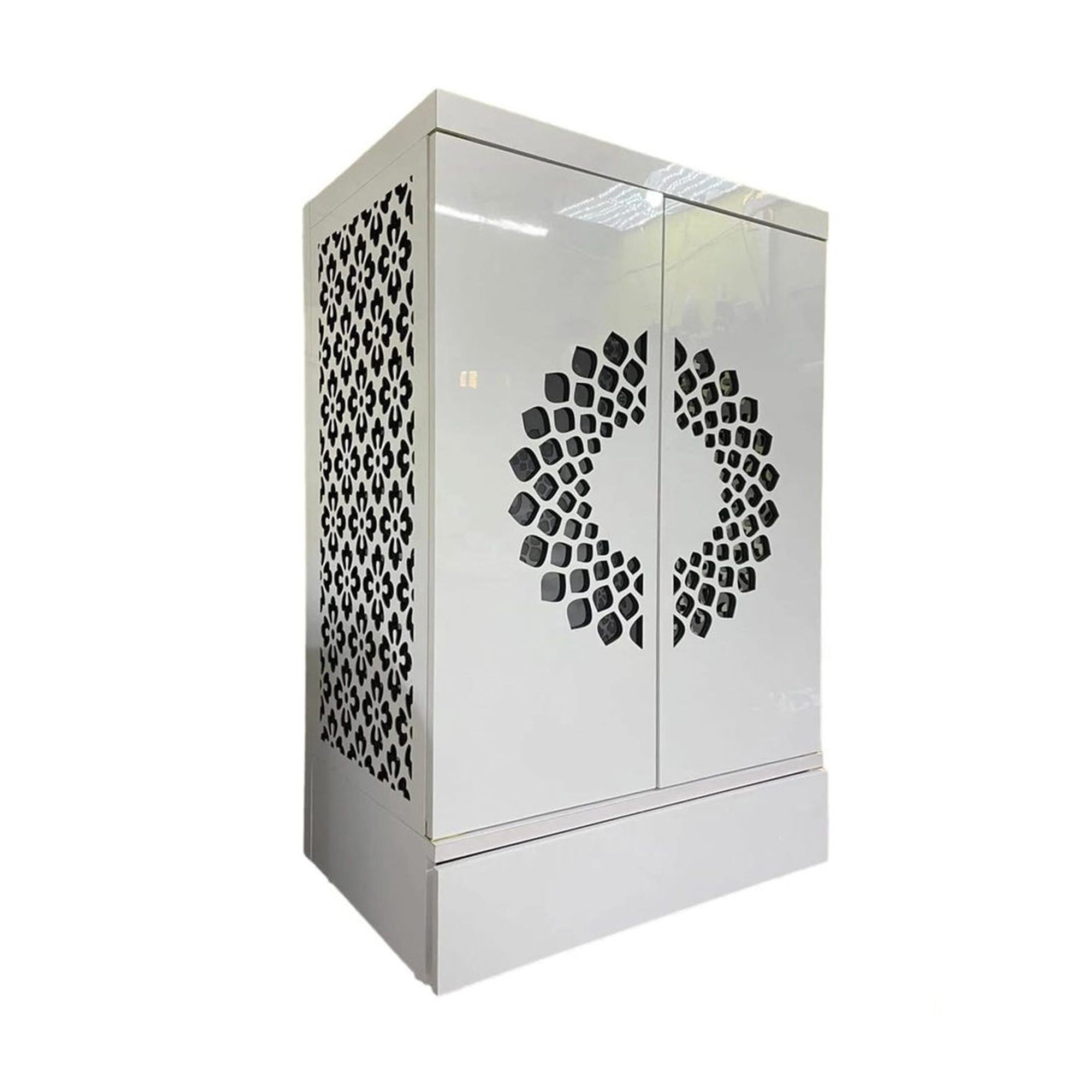 Contemporary Wooden Temple with Illuminated Om and Side Panels