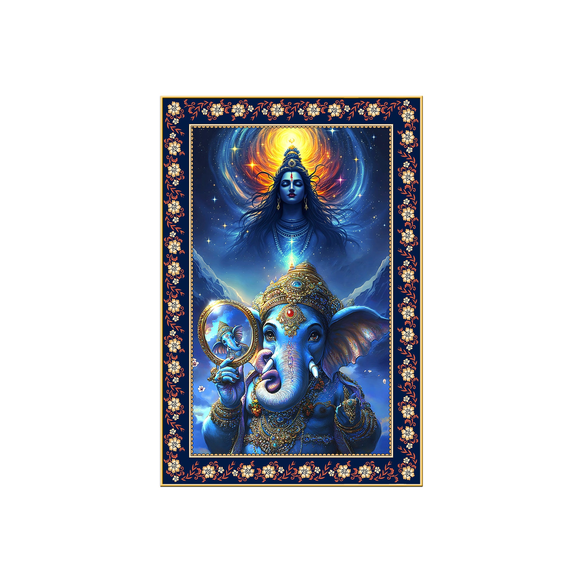 Cosmic Blessings Shiva and Ganesha Floral Border Vertical Wall Painting