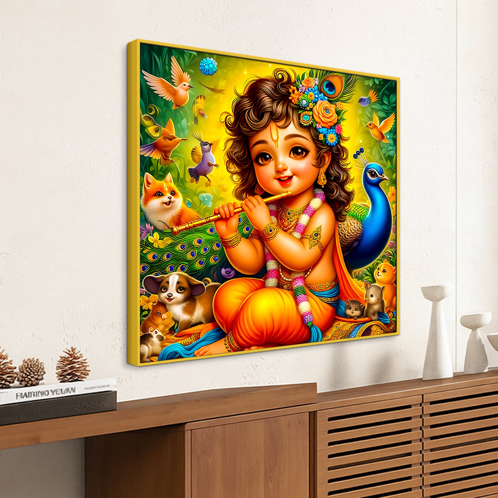 Cute Bal Krishna Playing Flute Spiritual Abstract Canvas Wall Painting