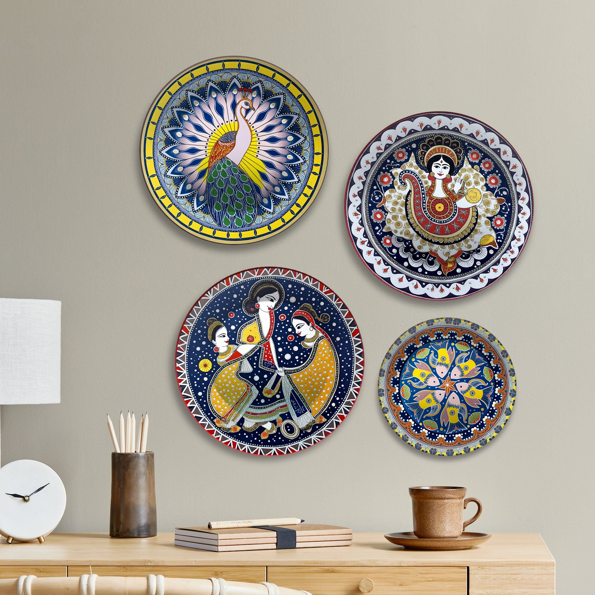 Dance, Divinity & Peacock Premium Wall Plates Painting Set of Four