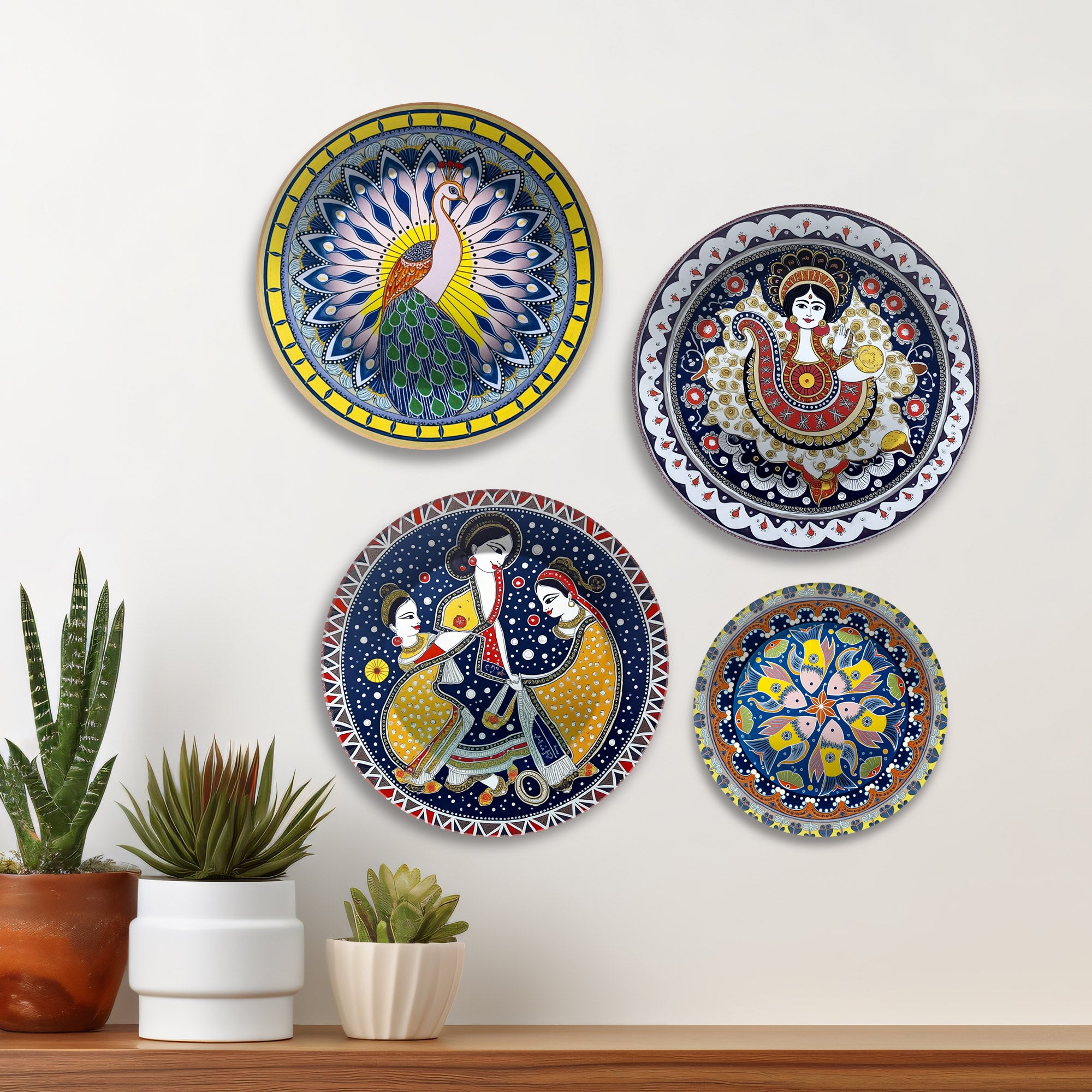 Dance, Divinity & Peacock Premium Wall Plates Painting Set of Four