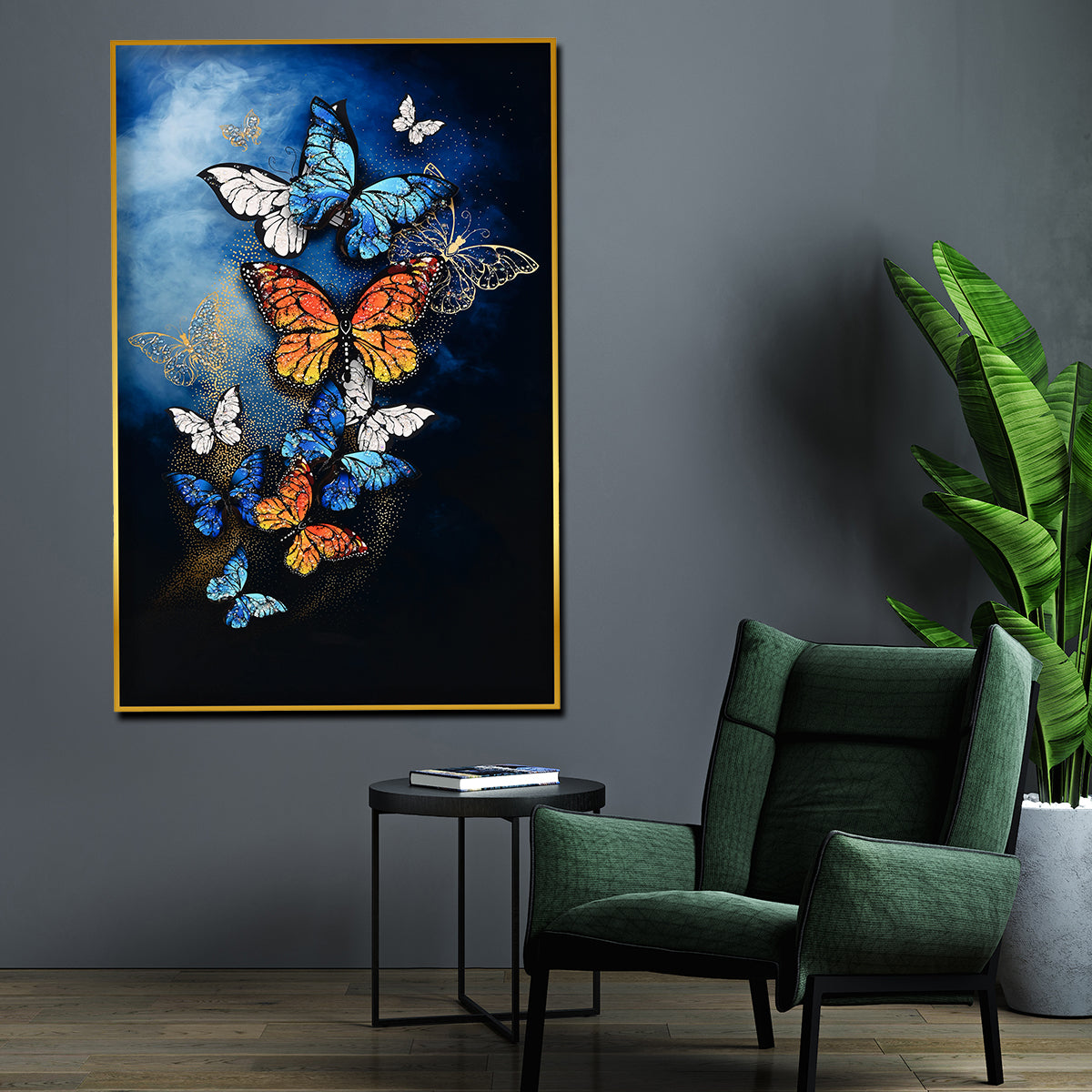 Dancing Wings Butterfly at Night Framed Crystal Glass Painting