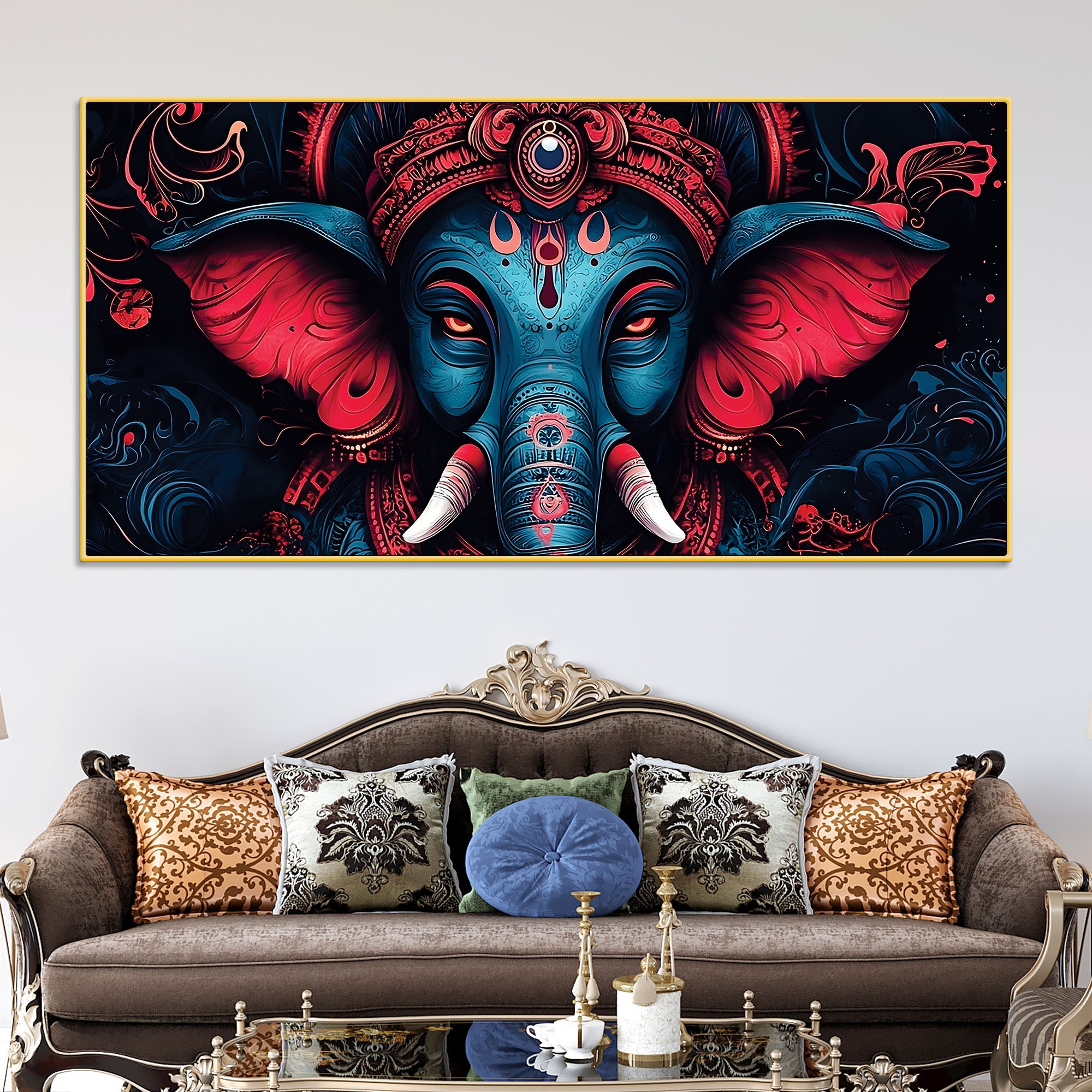 Dark Themed Powerful Lord Shri Ganesha Face Painting – Modern Indian Canvas Home Décor