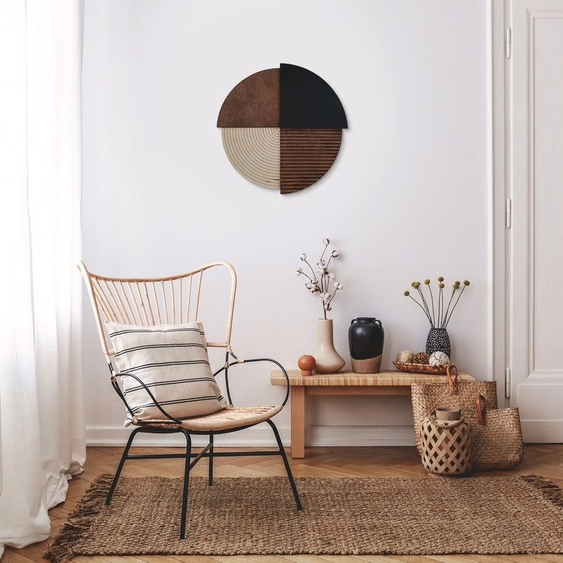 Decorative Round Panel with Carved Wood and Matte Black Finish