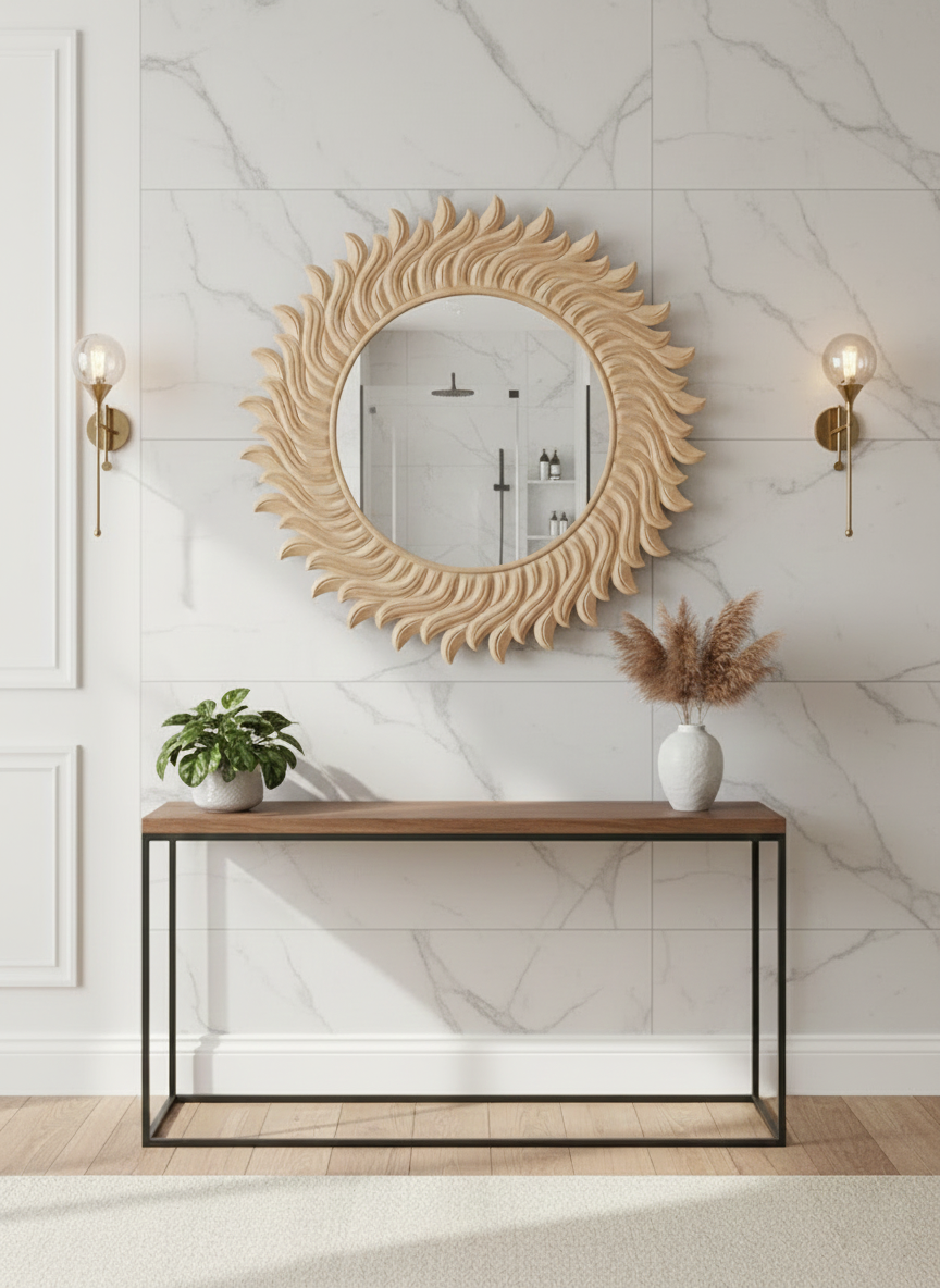 Decorative Sun Shaped Round Wall Mirror for Home & Office – Hand-Carved Sunburst Designer Wall Mirror