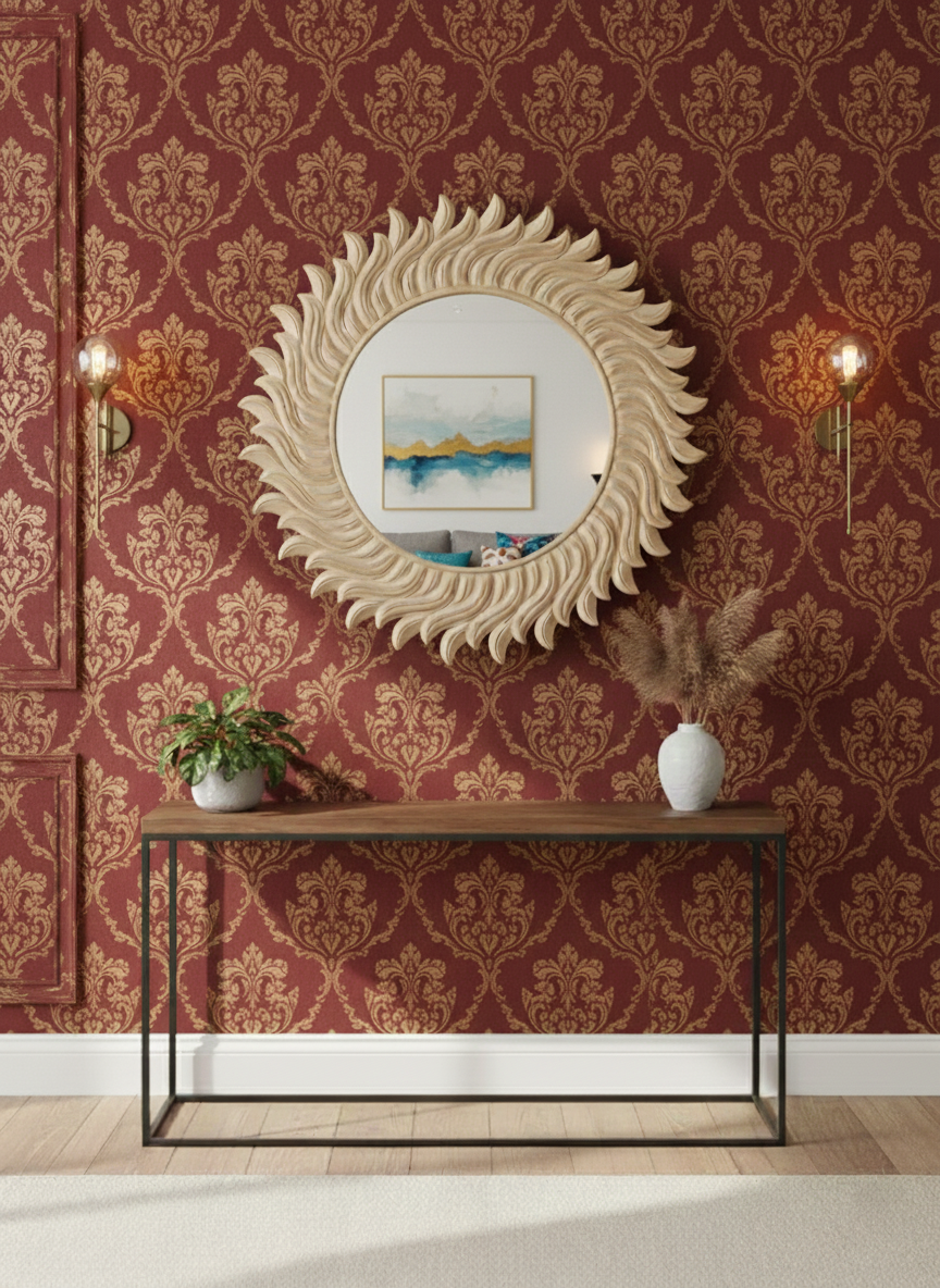 Decorative Sun Shaped Round Wall Mirror for Home & Office – Hand-Carved Sunburst Designer Wall Mirror