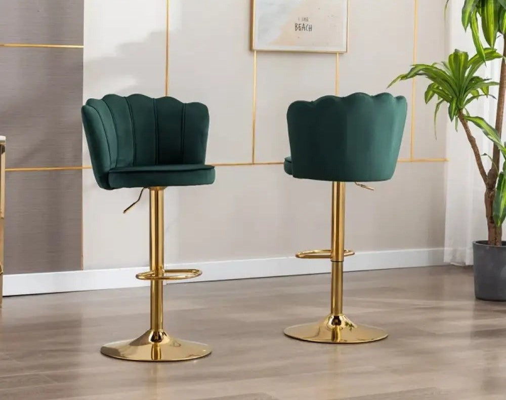 Deep Green Velvet Lounge Bar Stools with Glamorous Golden Frame