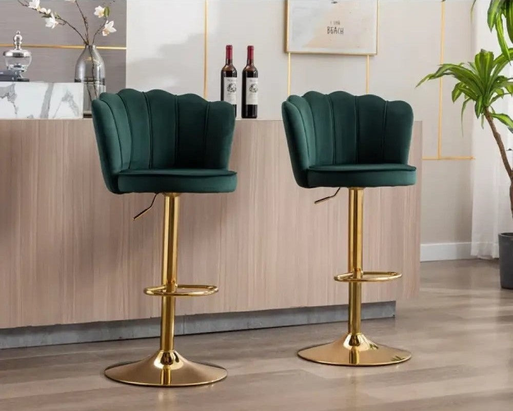 Deep Green Velvet Lounge Bar Stools with Glamorous Golden Frame