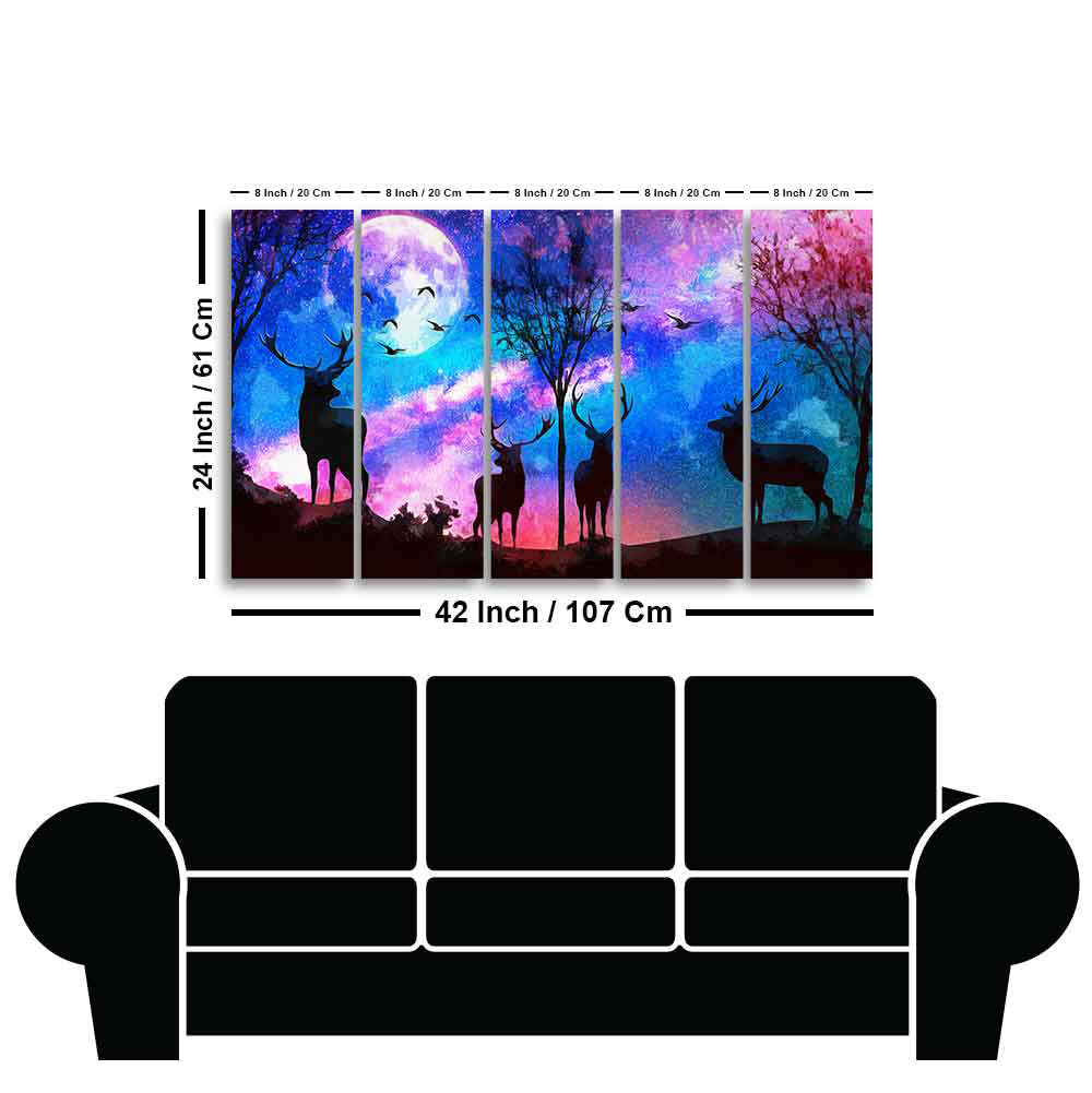 Deer Silhouette Colorful Sky Wall Painting of Five Pieces