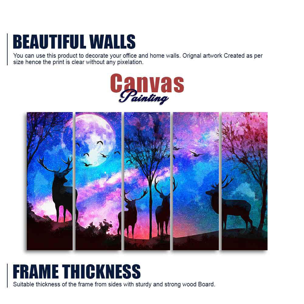Deer Silhouette Colorful Sky Wall Painting of Five Pieces