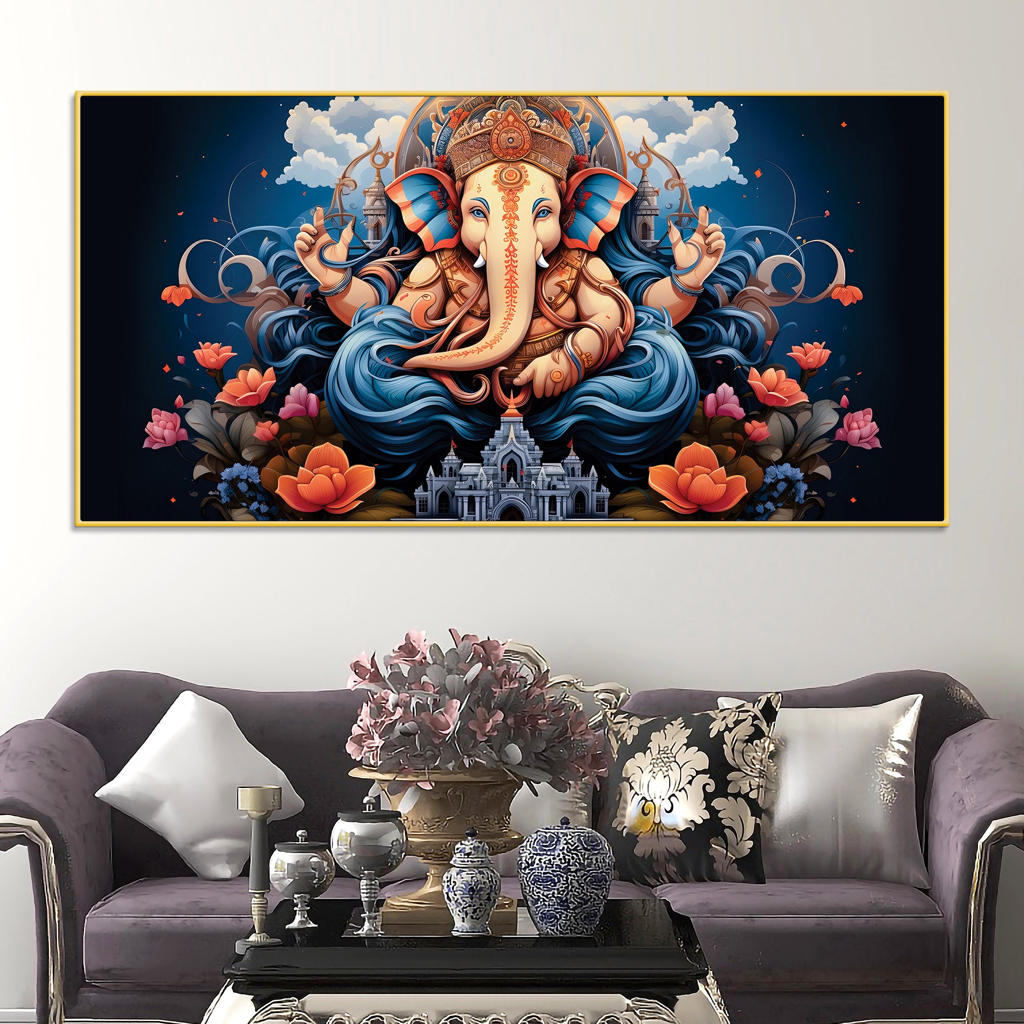 Depicting Huge Lord Shri Ganesha Temple Scene Artistic Canvas Wall Painting for Home & Office – Elegant Spiritual Wall Decor