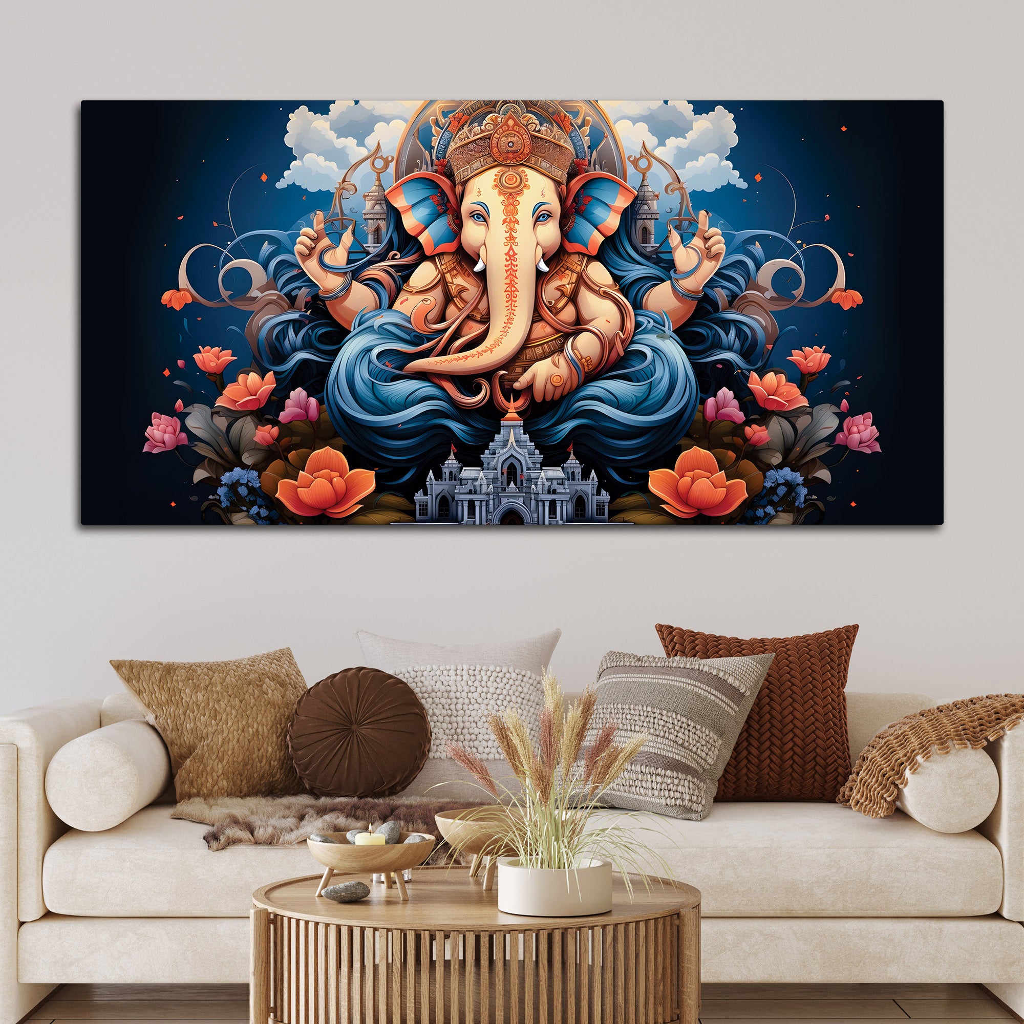 Depicting Huge Lord Shri Ganesha Temple Scene Artistic Canvas Wall Painting for Home & Office – Elegant Spiritual Wall Decor