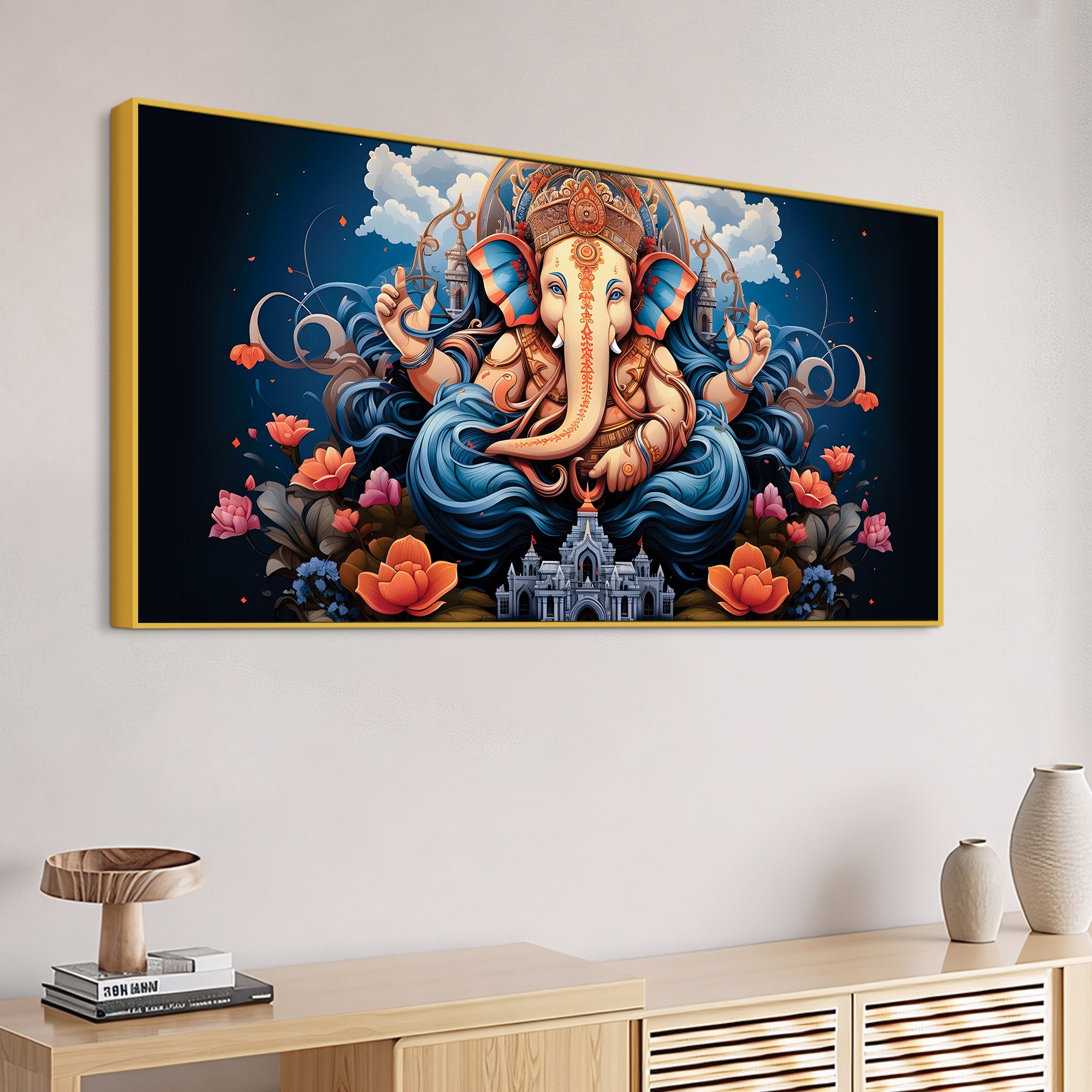 Depicting Huge Lord Shri Ganesha Temple Scene Artistic Canvas Wall Painting for Home & Office – Elegant Spiritual Wall Decor