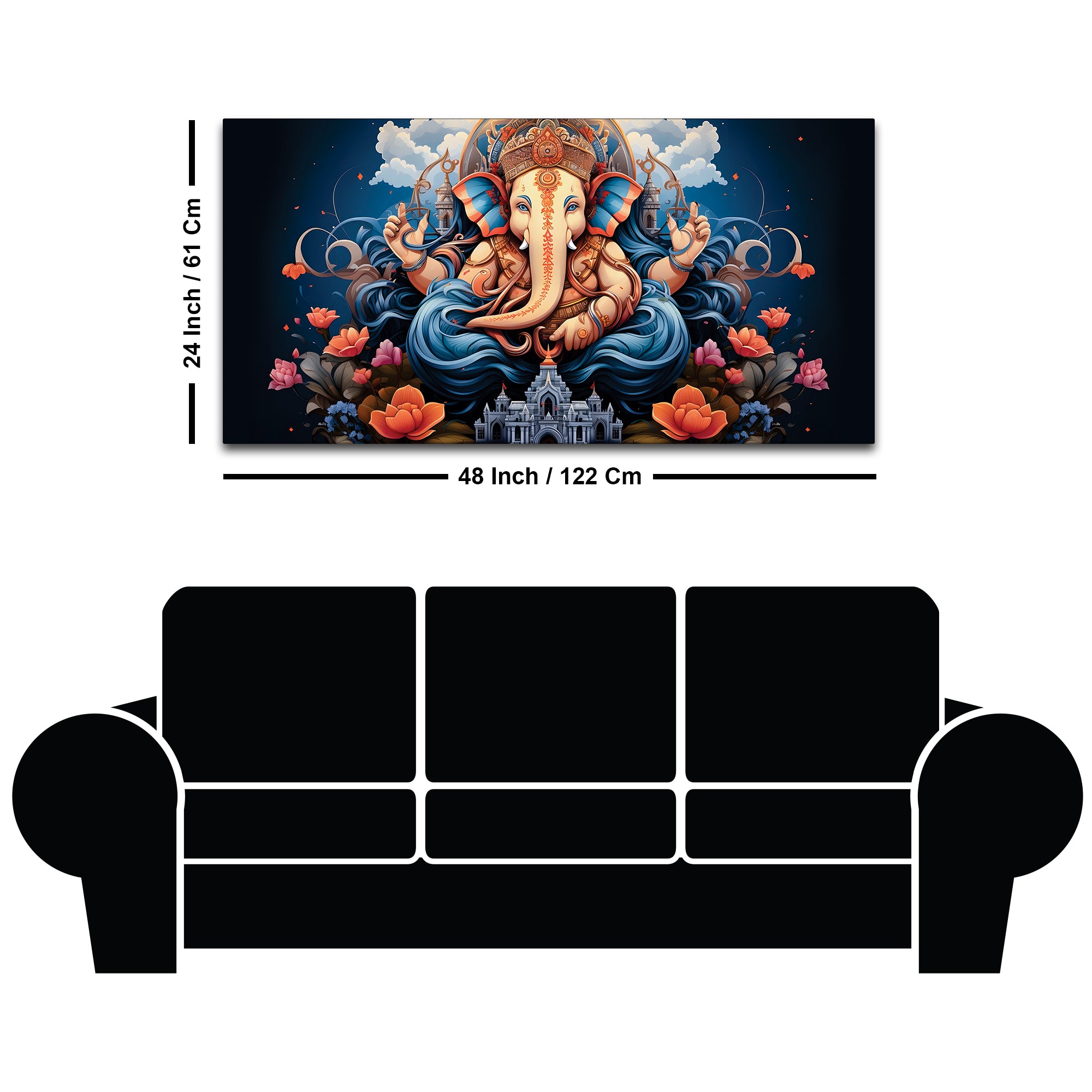 Depicting Huge Lord Shri Ganesha Temple Scene Artistic Canvas Wall Painting for Home & Office – Elegant Spiritual Wall Decor