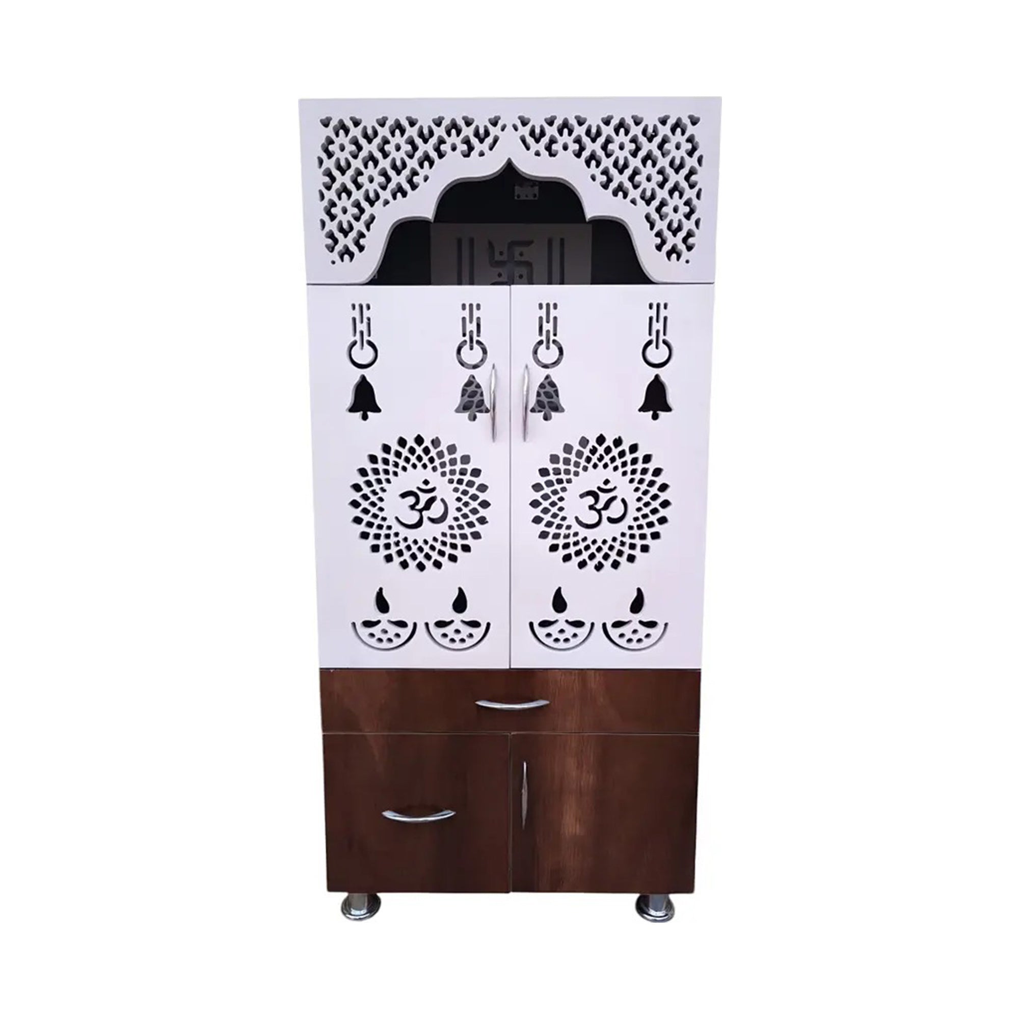 Designer Brown & White Wooden Temple with Swastik OM LED Back Panel & Spacious Storage Cabinet for Home & Office