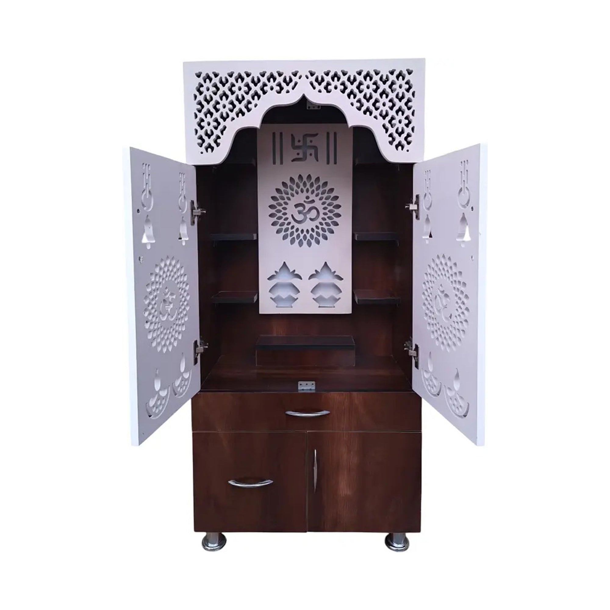 designer-brown-white-wooden-temple-with-swastik-om-led-back-panel-spacious-storage-cabinet-for-home-office