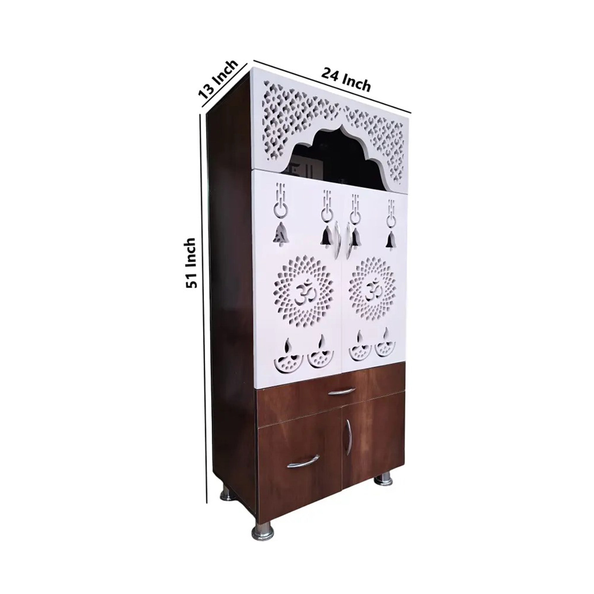 Designer Brown & White Wooden Temple with Swastik OM LED Back Panel & Spacious Storage Cabinet for Home & Office