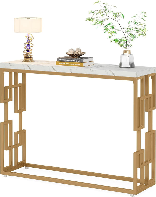 Designer Console Table with Unique Gold Frame and Marble Surface