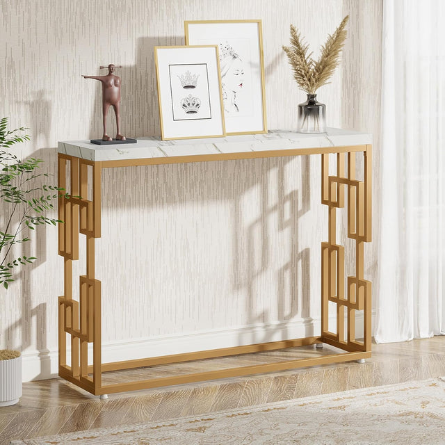 Designer Console Table with Unique Gold Frame and Marble Surface