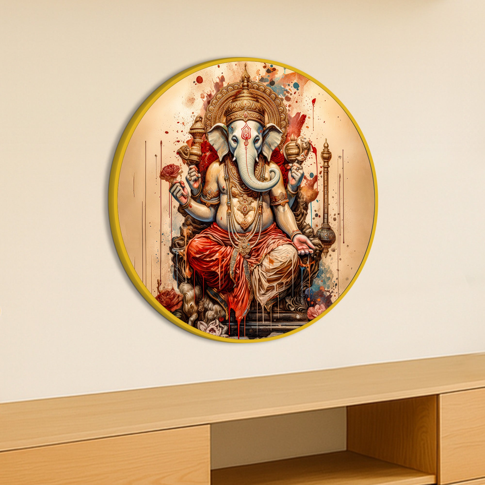 Designer Divine Ganesh Ji Round Wall Art Painting